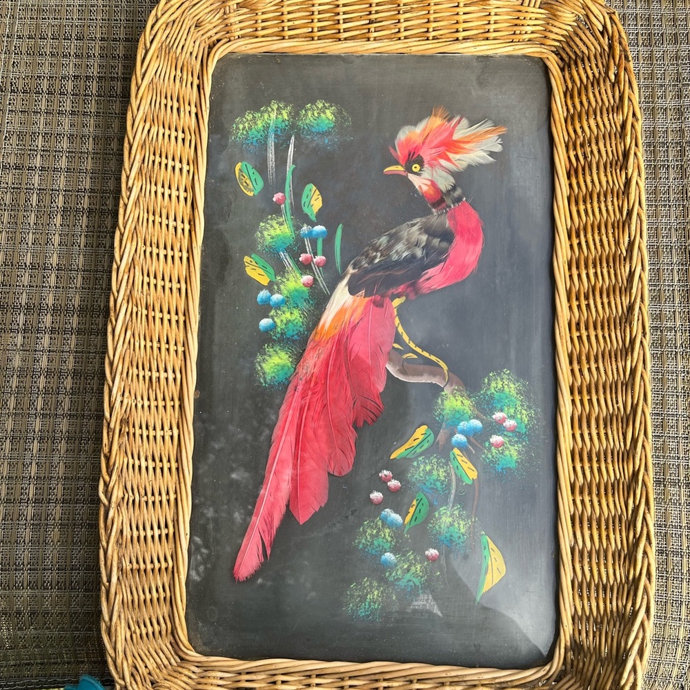 Vintage 1940’s folk Art bird feather painting in wicker tray.